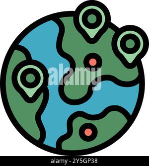 Stylized cartoon globe highlighting different locations with map pins Stock Vector