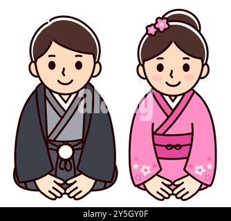 Cute boy and girl couple in national  Japanese costume doing kneeling bow (zarei). Vector clip art illustration. Stock Vector