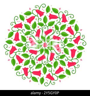 Copihue, Chilean bellflower, national flower of Chile. Mandala style circle ornament, beautiful lacy pattern with leaves and flowers. Vector clip art Stock Vector