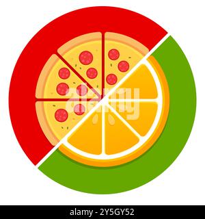 Pizza and orange half illustration. Circle divided in two, fast food on the left and healthy fruit on the right. Healthy and unhealthy food choice. Stock Vector
