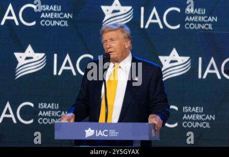 New York City. 19th Sep, 2024. Former United States President Donald J Trump, the 2024 Republican Party nominee for President of the US, makes remarks at the Israel-American Council (IAC) Summit at the Washington Hilton Hotel in Washington, DC on Thursday, September 19, 2024. Credit: Ron Sachs/CNP for NY Post (RESTRICTION: NO Daily Mail. NO New York or New Jersey Newspapers or newspapers within a 75 mile radius of New York City.) Credit: dpa/Alamy Live News Stock Photo