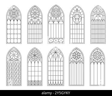 Medieval gothic church or castle glass windows and arches, vector architecture elements. Vintage gothic cathedral windows with stained glass ornaments, antique temple or church arched windows Stock Vector