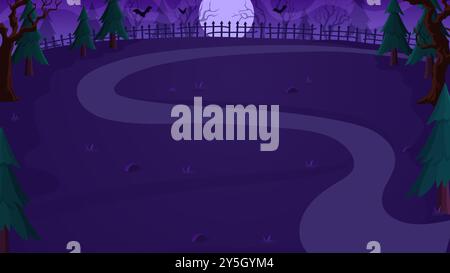 Cartoon Halloween cemetery landscape with full moon for horror night holiday, vector background. Halloween cemetery or graveyard in haunted forest with flying bats in scary spooky fog clouds Stock Vector