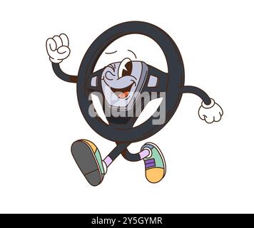 Retro groovy car steering wheel character. Isolated cartoon vector helm, vehicle part personage with playful, cheerful expression, wearing colorful groovy sneakers. Whimsical, fun and quirky car wheel Stock Vector