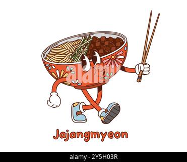 Cartoon groovy Korean jajangmyeon character. Vector bowl filled with noodles, jajang or black bean sauce and julienned cucumbers, holding a pair of chopsticks. Playful, popular korean dish personage Stock Vector