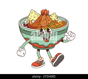 Cartoon groovy tendon donburi character portrays a bowl of tempura over rice. Vector Japan food personage with jovial expression, large eyes and wide, friendly smile presenting traditional Asian meal Stock Vector