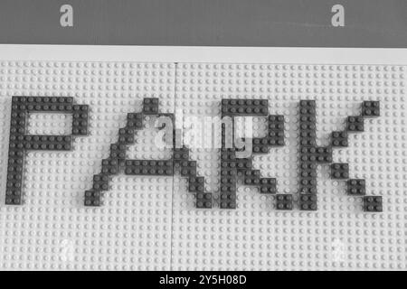 Educational Fun: Creative Display with Plastic Cubes Spelling the Word 'Park' Stock Photo