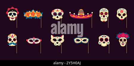 dead day photo booth masks with props. Mexican dia de los muertos holiday vector set of skulls, sombrero, floral wreath and cat head. Spooky smiles and skeletal grins for the afterlife celebration Stock Vector
