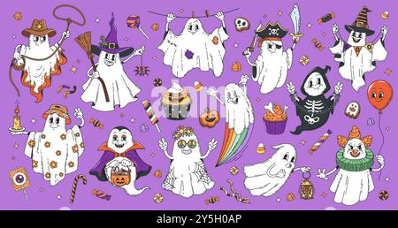 Cartoon Halloween groovy ghost characters and sweets. Vector spooks gang, swirling with funky monster costumes and candy cravings. Funky phantoms dance through the night, collecting treats with a glee Stock Vector