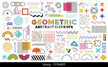 Geometric Memphis shapes and elements of simple line pattern, abstract vector background. Modern or retro Memphis minimal geometric figures and isometric elements or halftone dots and lines pattern Stock Vector