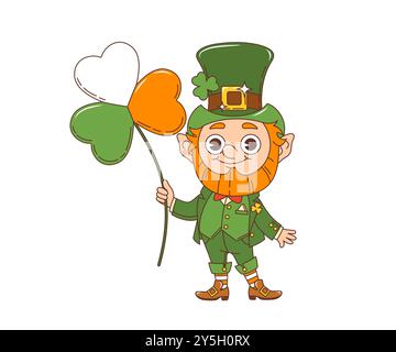 Cartoon retro groovy leprechaun character, saint patrick day holiday dwarf personage holds clover trefoil plant in colors of Irish flag. Isolated funny fairytale elf donning green costume and top hat Stock Vector