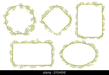 Olive leaf frames, vector set of delicate, elegant borders for invitation, photo frame or menu. Round, oval, rhombus and rectangular decorative elements with a touch of nature in Mediterranean style Stock Vector