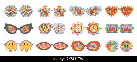 Retro groovy eyewear sunglasses. Vector funky disco glasses in shape of heart, flower, star, hippy peace sign and emoji smile. Vintage sunglasses with rainbow, psychedelic geometric pattern and fire Stock Vector