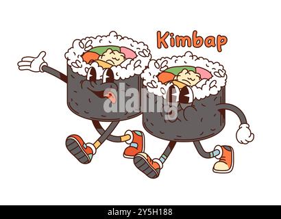 Cartoon groovy Korean kimbap characters. Two vector cheerful gimbap dish, sushi roll personages in retro style, one with its tongue out and the other with a surprised look, playfully walking together Stock Vector