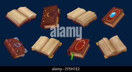 Ancient game book icons of fantasy magic manuscript and spellbook, vector cartoon GUI. Wizard spell books with open pages, old Medieval library manuscripts with magic crystal for fantasy mystery game Stock Vector