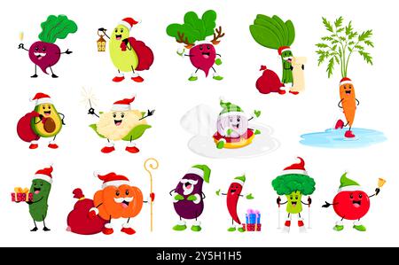 Cartoon winter Christmas vegetable characters. Vector beetroot, squash, radish and spinach. Carrot, avocado, cauliflower or garlic with cucumber, pumpkin, eggplant, broccoli, tomato and chili pepper Stock Vector