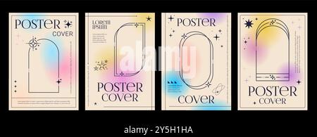 Aesthetic gradient Y2K posters with frames and stars, vector cover templates or backgrounds. Pastel color gradient posters with Y2K aesthetic geometric minimal arches and circles or stars shapes Stock Vector
