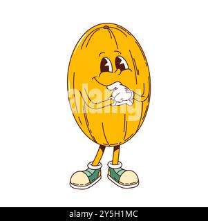 Cartoon groovy yellow melon fruit character with friendly expression, stands confidently with arms crossed, wearing sneakers. Isolated vector sweet, cheerful food personage for children book or menu Stock Vector