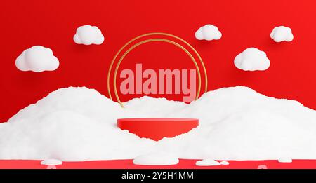 3d red Christmas podium with snow and golden arch. Vector festive scene surrounded by fluffy white snowdrifts and floating clouds with gold arc in the background. Bright stage for xmas holiday display Stock Vector