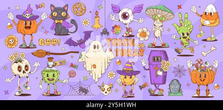 Retro groovy Halloween basket character. Isolated cartoon vector 