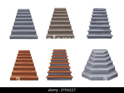 Cartoon wooden and stone stairs, castle staircase and stairway. Isolated vector antique and modern ladder flights without railings, wood or marble step treads and rock risers, house interior objects Stock Vector