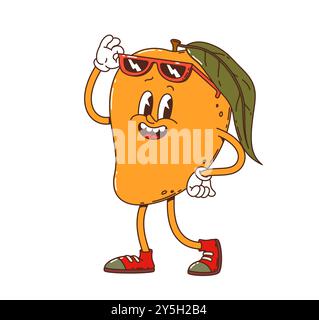 Cartoon groovy mango fruit character sporting stylish sunglasses and red sneakers. Isolated cartoon vector whimsical and funny tropical fruit personage exudes coolness and retro fun-loving hippie vibe Stock Vector