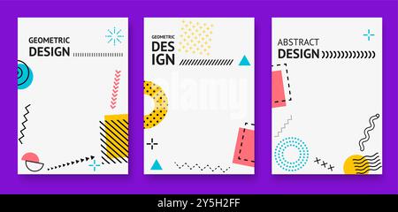 Abstract Memphis geometric posters, featuring abstract shapes and patterns. Vector retro covers display a playful arrangement of colorful circles, lines, and zigzags against a contrasting background Stock Vector