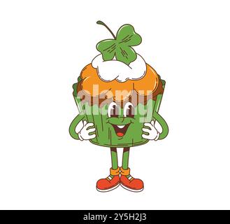 Cartoon groovy cupcake character, saint Patrick day holiday dessert personage. Isolated vector funky retro Irish muffin with green shamrock leaf on the top. Traditional sweet festive food of Ireland Stock Vector