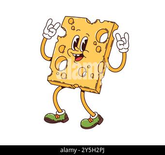 Cheese retro groovy breakfast character making a rock and roll gesture with both hands. Cartoon vector food personage with smiling face wears sneakers. Humorous and lively slice of cheese with holes Stock Vector