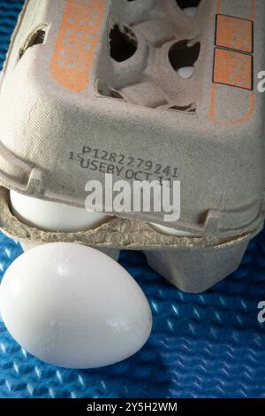 Close-up of an egg carton and whole white egg with an expiration date, 2024, United States Stock Photo
