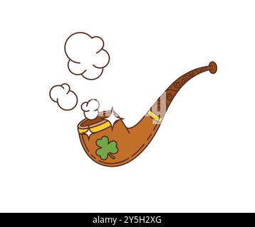 Cartoon leprechaun smoking pipe, saint Patrick day holiday item, its slender stem adorned with clover or shamrock leaves, wisps of enchanted smoke swirl, weaving tales of hidden treasures and magic Stock Vector