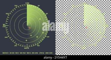 Isolated radar screen. Radar beam, fading trace and circles with transparent effects on plaid background. Stock Vector