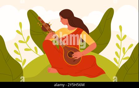 Indian woman playing melody on sitar. Young lady in red saree sitting with traditional Indian guitar to play, female musician with classic musical instrument of India cartoon vector illustration Stock Vector