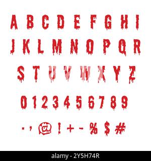 Red spooky y2k style alphabet with numbers in bloody style. Scary party or halloween concept. Stock Vector