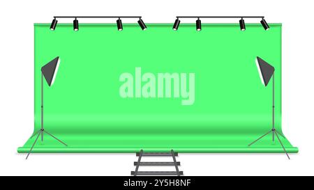 Green chromakey background with lighting elements. Front view, vector illustration. Stock Vector