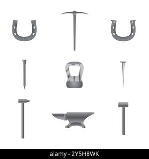 Steel forge set, isolated on white background. Front view, 3D vector illustration. Stock Vector