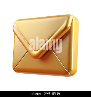 Golden envelope 3D icon isolated on white background. Premium simple render of 3D shiny metal illustration concept with reflections. Stock Photo