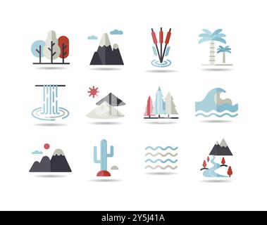 Vector nature isolated icons set. desert, mountains, forest, river, sea, lake. Graph symbol for travel and tourism web site and apps design, logo, app Stock Vector