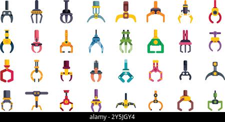 Set of colorful robotic arms with different grabbing mechanisms for industrial use, isolated on white background Stock Vector