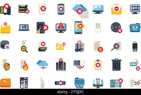 This royalty free vector illustration set of data loss and computer virus flat icons features devices being hacked Stock Vector