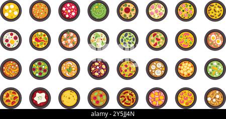 Big set of different pizzas with various ingredients on the black round plates being cooked in oven, top view, flat style vector illustration Stock Vector