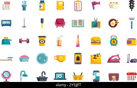 This set of colorful icons is showing daily activities and objects used in everyday routine Stock Vector