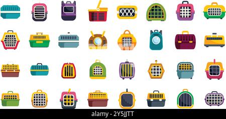 Featuring a variety of styles and colors, this collection showcases pet carriers ideal for safe and comfortable pet travel Stock Vector