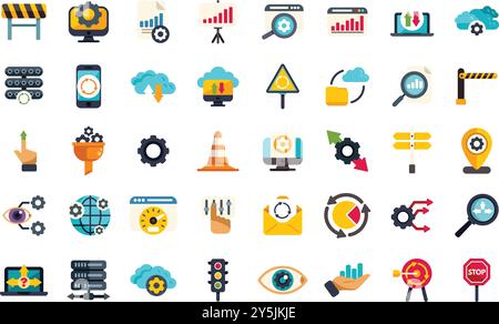 Set of icons depicting workflow optimization, process management, continuous improvement, and automation Stock Vector