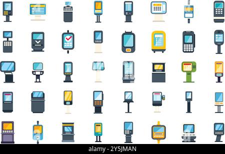 Set of various modern payment terminals showing using process on white background in flat style Stock Vector