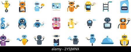Collection of diverse robot waiters holding trays, serving food in restaurant, illustrating futuristic service technologies Stock Vector