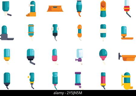 Collection of colorful icons depicting various types of pet water dispensers, showcasing different designs and mechanisms for keeping pets hydrated Stock Vector