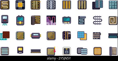Set of icons representing different systems for heating floor, showing different ways to heat using electricity Stock Vector