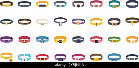 Large set of colorful pet collars for dogs and cats showing different materials and features, in a flat design style Stock Vector