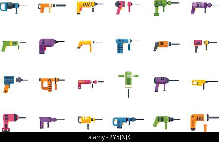 Big set of rotary hammer icons showing different styles and colors, great vector for construction and diy themed designs Stock Vector